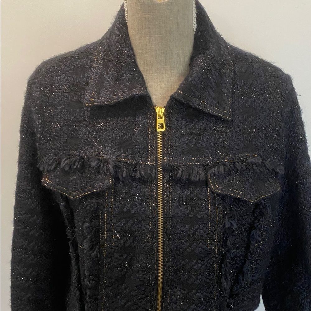 Tory Burch Black Bouclé Tweed Blazer Zip Lady Like Size 12 Fringe Detail Jacket - Picture 11 of 15
